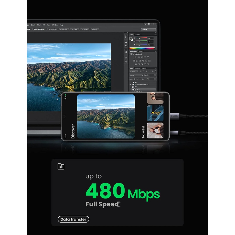 Cablu de Date compatibil cu Apple, Android, USB to Type-C, Fast Charging, 3A, 18W, 480Mbps, Nylon Braided, 2m, Data Cable US288, Ugreen - Space Gray - 2 | YEO