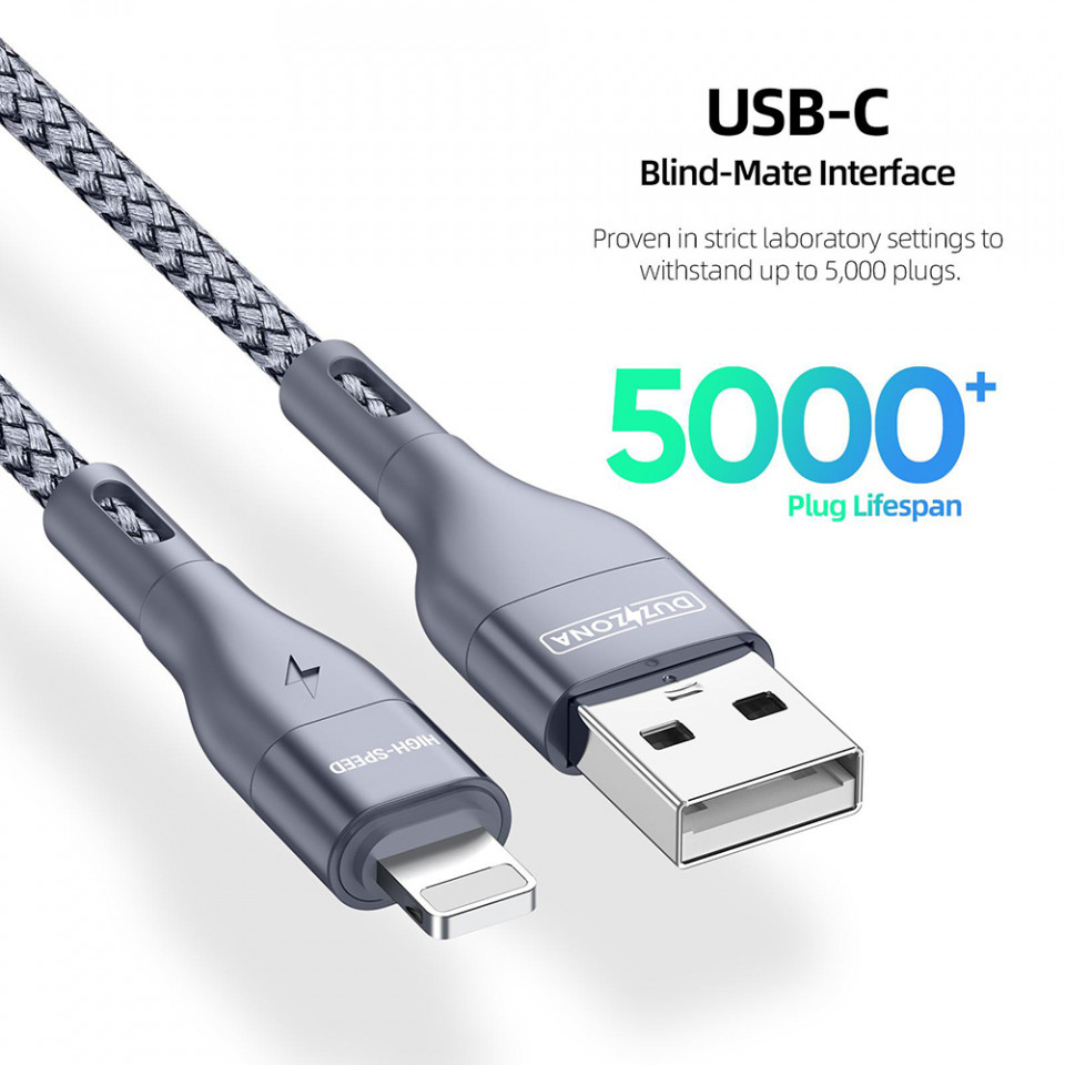 Cablu de Date Lightning Fast Charging 2.4A, 12W, 480Mbps, 2m - Duzzona (A7) - Grey - 3 | YEO