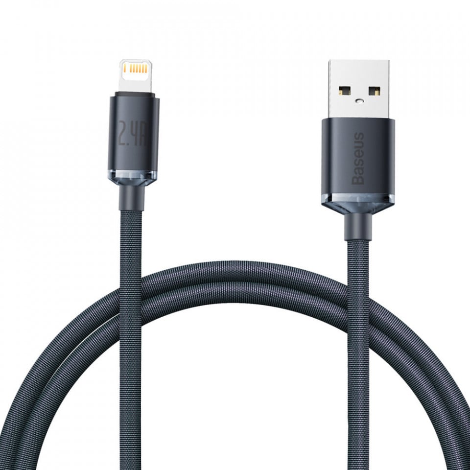 Cablu de date USB la Lightning, 2.4A, 1.2m, Baseus Crystal Shine (CAJY000001) - Negru