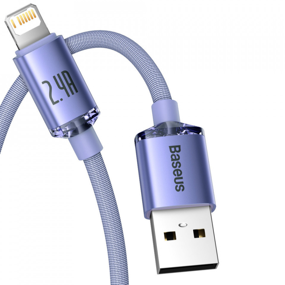Cablu de date USB la Lightning, 2.4A, 1.2m, Baseus Crystal Shine (CAJY000005) - Mov - 1 | YEO