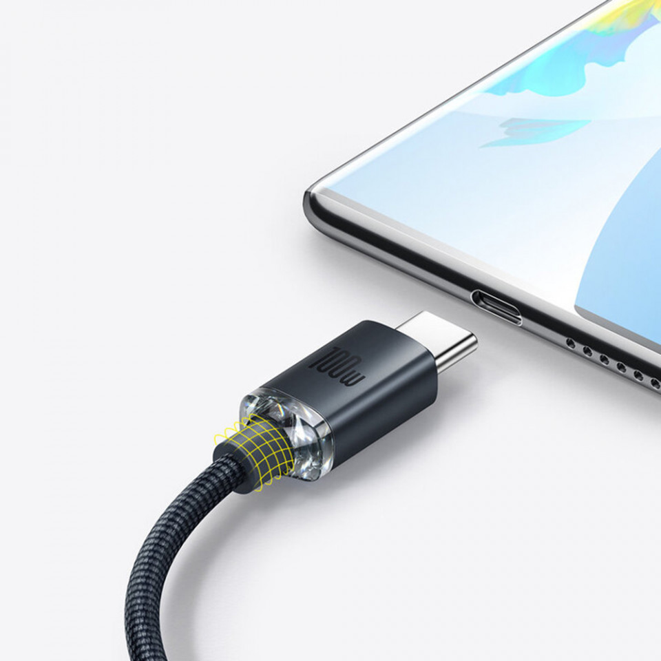 Cablu de date USB la Type-C, 100W, 2m, Baseus Crystal Shine (CAJY000501) - Negru - 3 | YEO