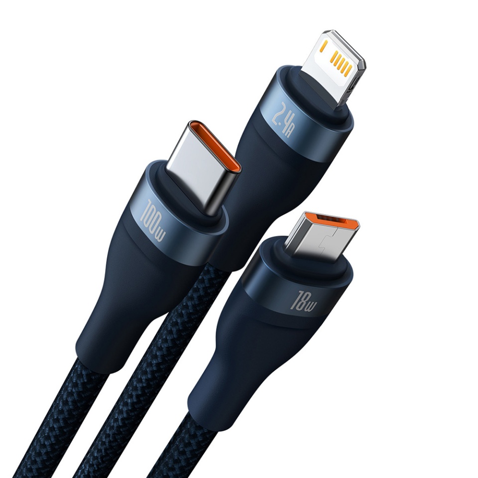 Cablue de Incarcare / Date 3in1 USB la Type-C, Lightning, Micro-USB, 100W, 1.2m, Baseus, Flash Series 2, Albastru - 1 | YEO