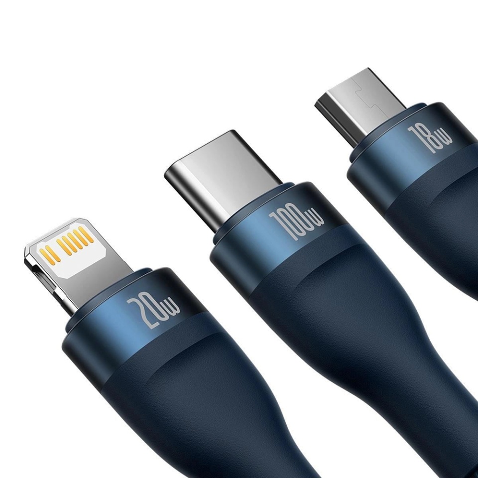Cablue de Incarcare / Date 3in1 USB la Type-C, Lightning, Micro-USB, 100W, 1.5m, Baseus, Flash Series 2, Albastru - 1 | YEO
