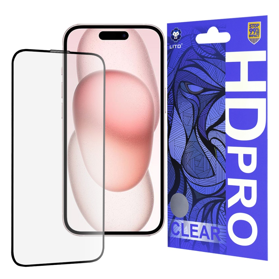 Folie de Sticla iPhone 15, Sticla securizata, Lito, HD Pro Clear, Negru