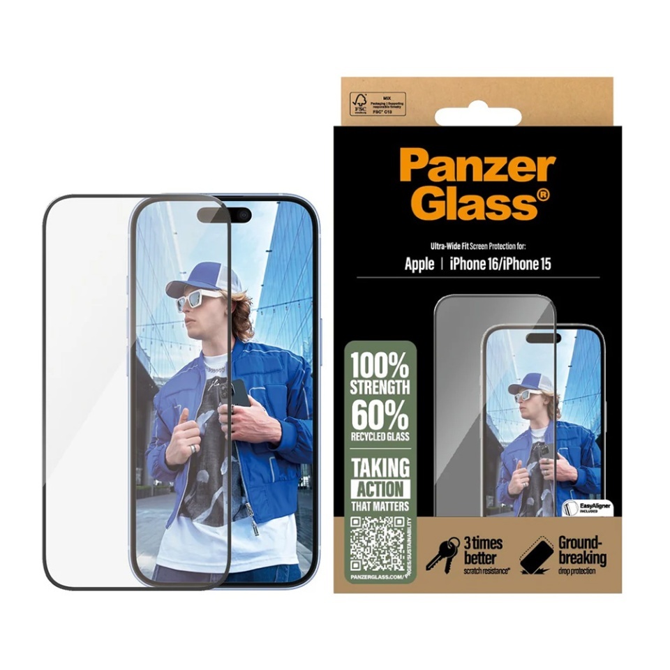 Folie Sticla pentru iPhone 15 / 16, Ultra-Wide Fit, PanzerGlass, Anti-Soc si Anti-Bule, Transparent