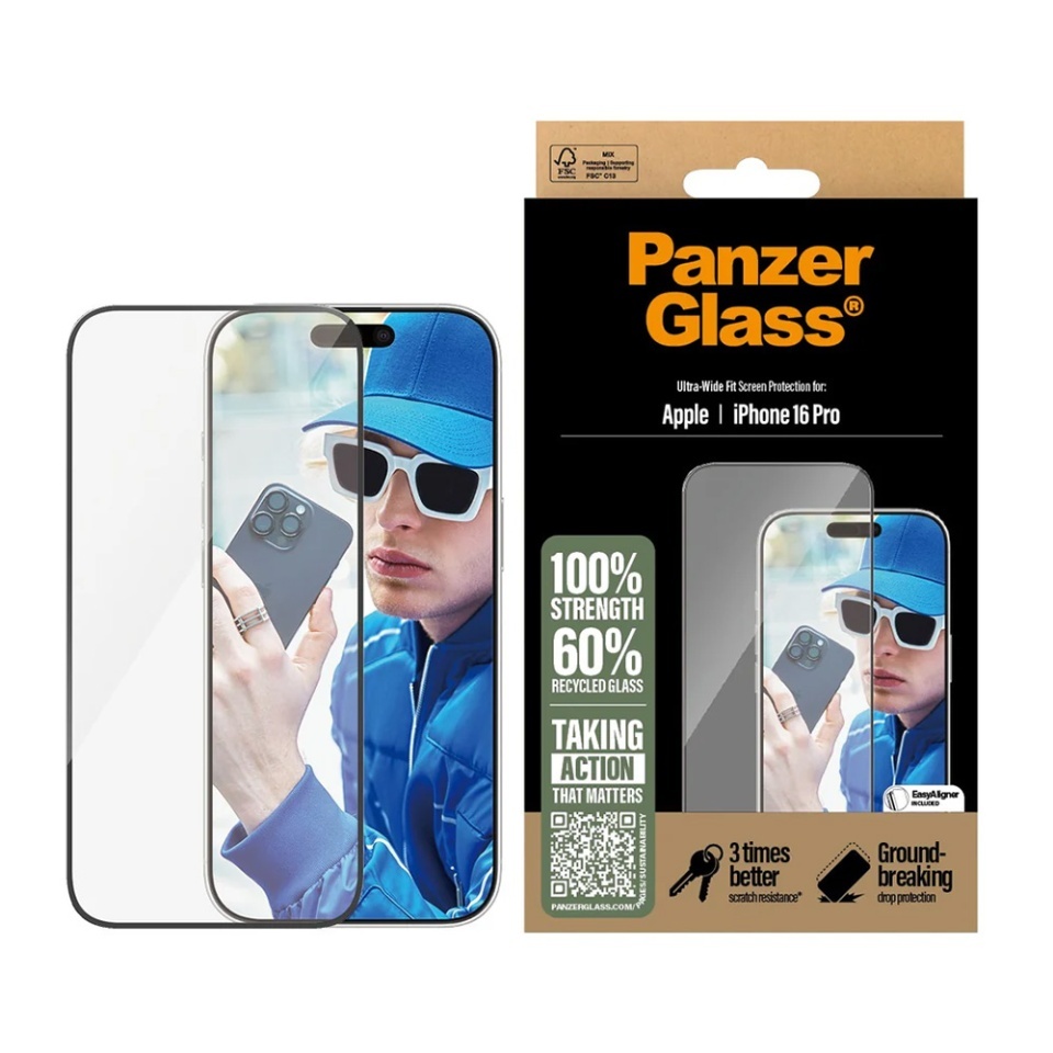Folie Sticla pentru iPhone 16 Pro, Ultra-Wide Fit, PanzerGlass, Anti-Soc si Anti-Bule, Transparent