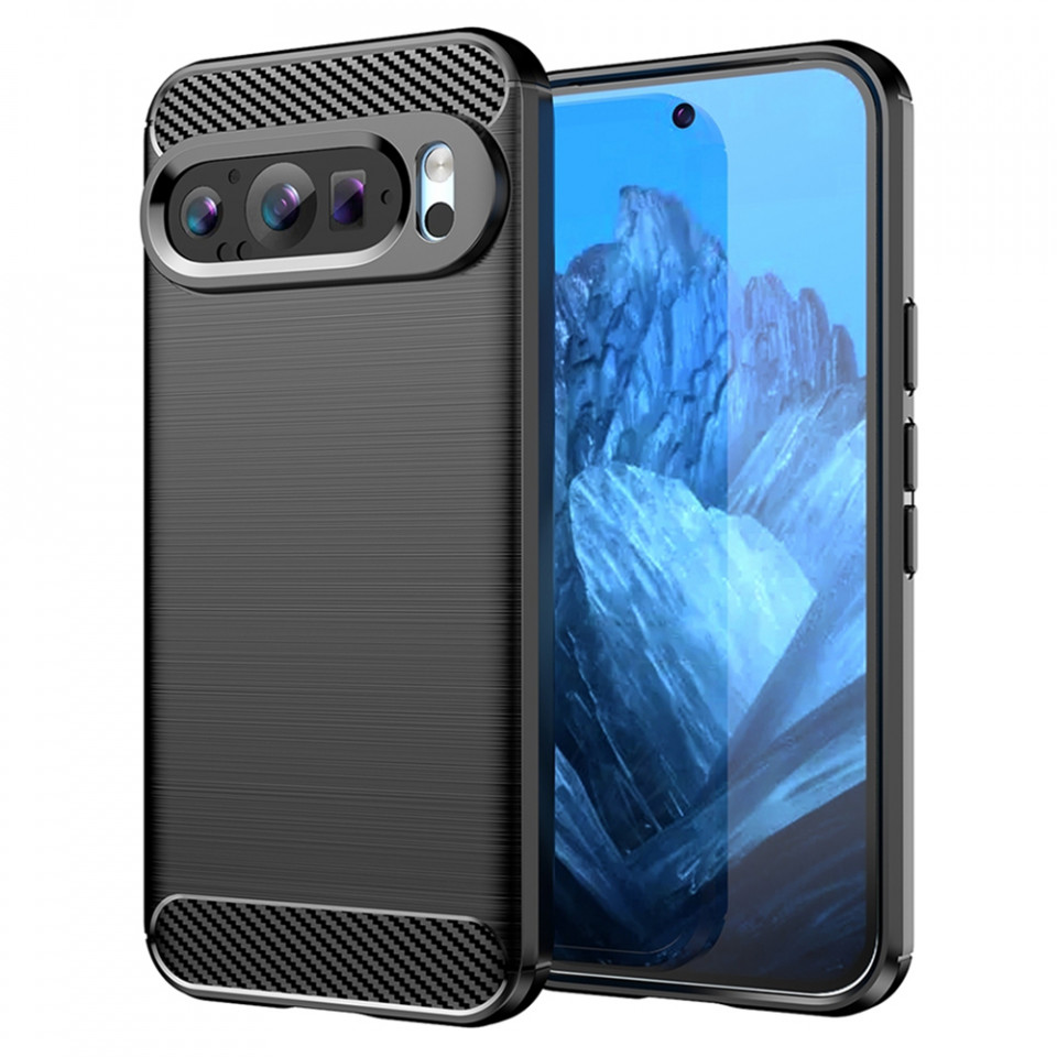 Husa Google Pixel 9 din silicon, Slim, cu textură Fibra Carbon - Negru