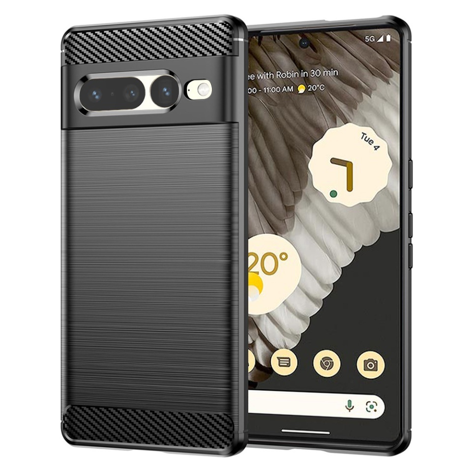 Husa pentru Google Pixel 7 Pro, SKYDDAR INNOVATION, Carbon Silicone, din Silicon Slim, cu textura Fibra Carbon, set cu sticker, Negru