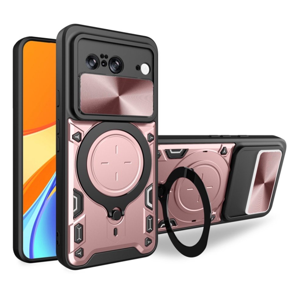 Husa pentru Google Pixel 8, cu inel magnetic si suport ajustabil, protecție completa camera, SKDR SafeCover - Roz auriu