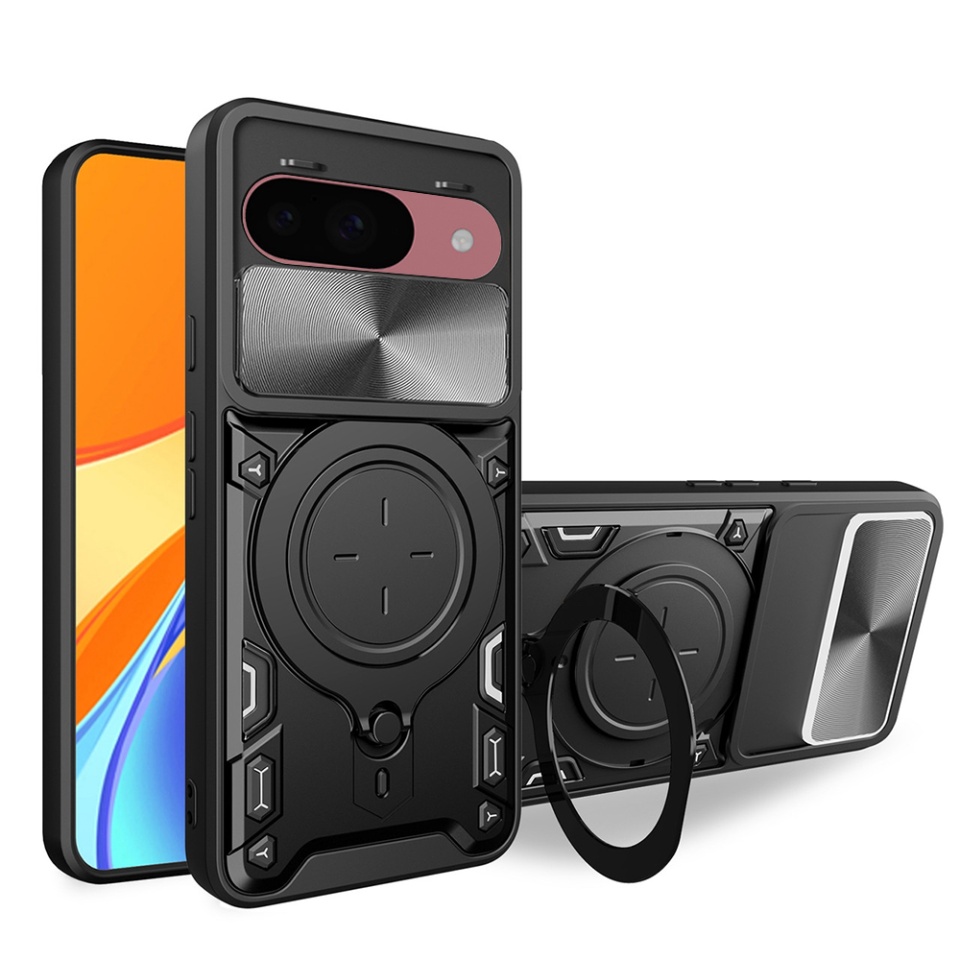 Husa pentru Google Pixel 9 / Pixel 9 Pro, cu inel magnetic si suport ajustabil, protectie completa camera, SKDR SafeCover - Negru