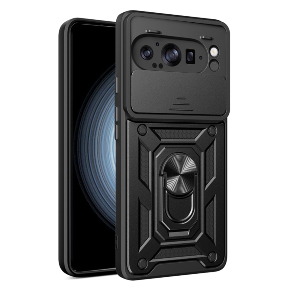 Husa pentru Google Pixel 9 Pro XL, SKYDDAR INNOVATION, CamShield, Inel magnetic, set cu sticker, Negru