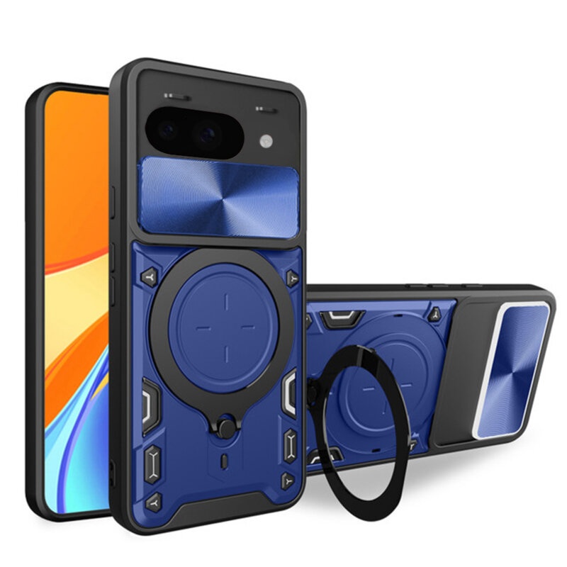 Husa pentru Google Pixel 9a, cu inel magnetic si suport ajustabil, protectie completa camera, SKDR SafeCover - Albastru