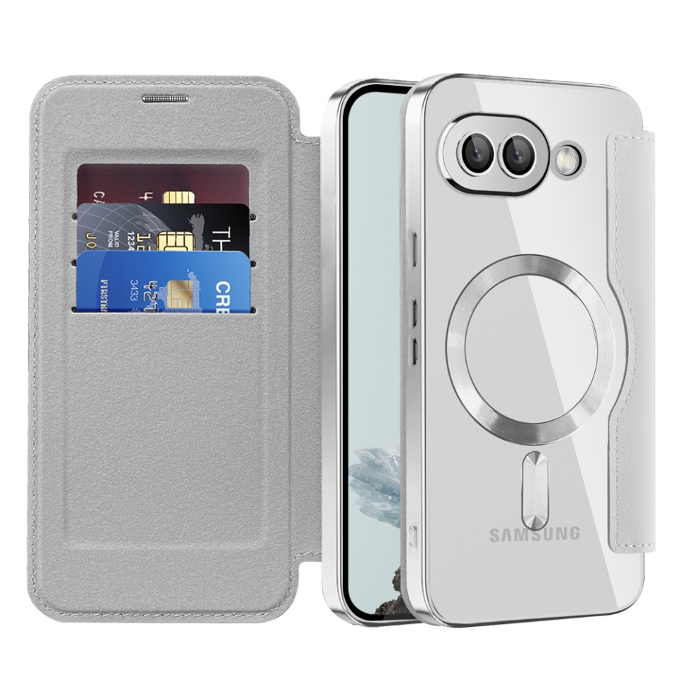 Husa pentru Google Pixel 9a tip carte, SKYDDAR INOVATION, SmartMag Book, Magsafe, RFiD, Suport Carduri, set cu sticker, Gri