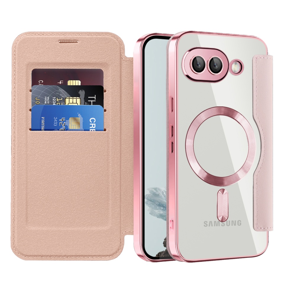 Husa pentru Google Pixel 9a tip carte, SKYDDAR INOVATION, SmartMag Book, Magsafe, RFiD, Suport Carduri, set cu sticker, Roz
