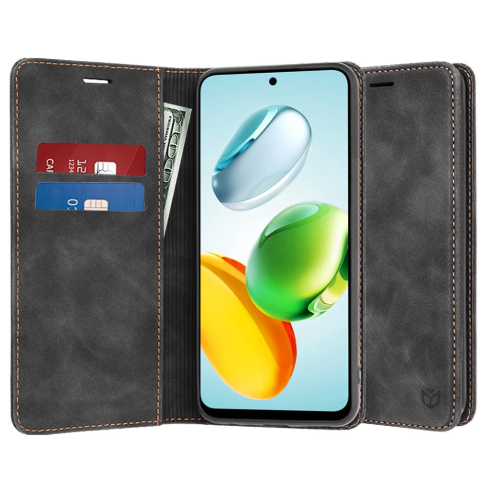Husa pentru Honor 200 Smart / X7c, SKYDDAR INNOVATION, Soft Wallet, tip Carte din piele Eco Premium, cu Portofel Interior, Negru, set cu sticker