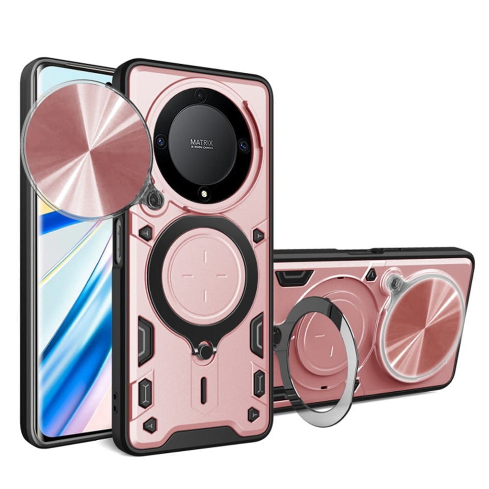Husa pentru Honor Magic5 Lite, cu inel magnetic si suport ajustabil, protecție completa camera, SKDR SafeCover - Roz auriu