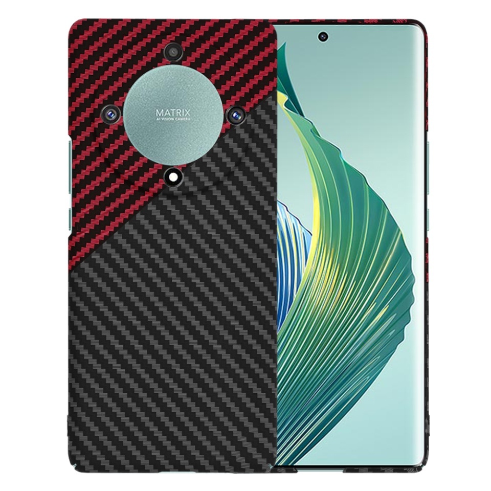 Husa pentru Honor Magic5 Lite, SKYDDAR INNOVATION, textura carbon, Carbonite FiberShell, set cu sticker, Rosu inchis,