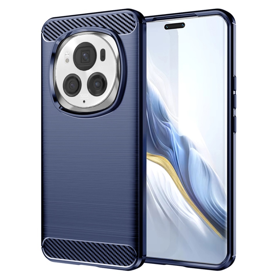 Husa pentru Honor Magic6 Pro, SKYDDAR INNOVATION, Carbon Silicone, din Silicon Slim, cu textura Fibra Carbon, set cu sticker, Albastru