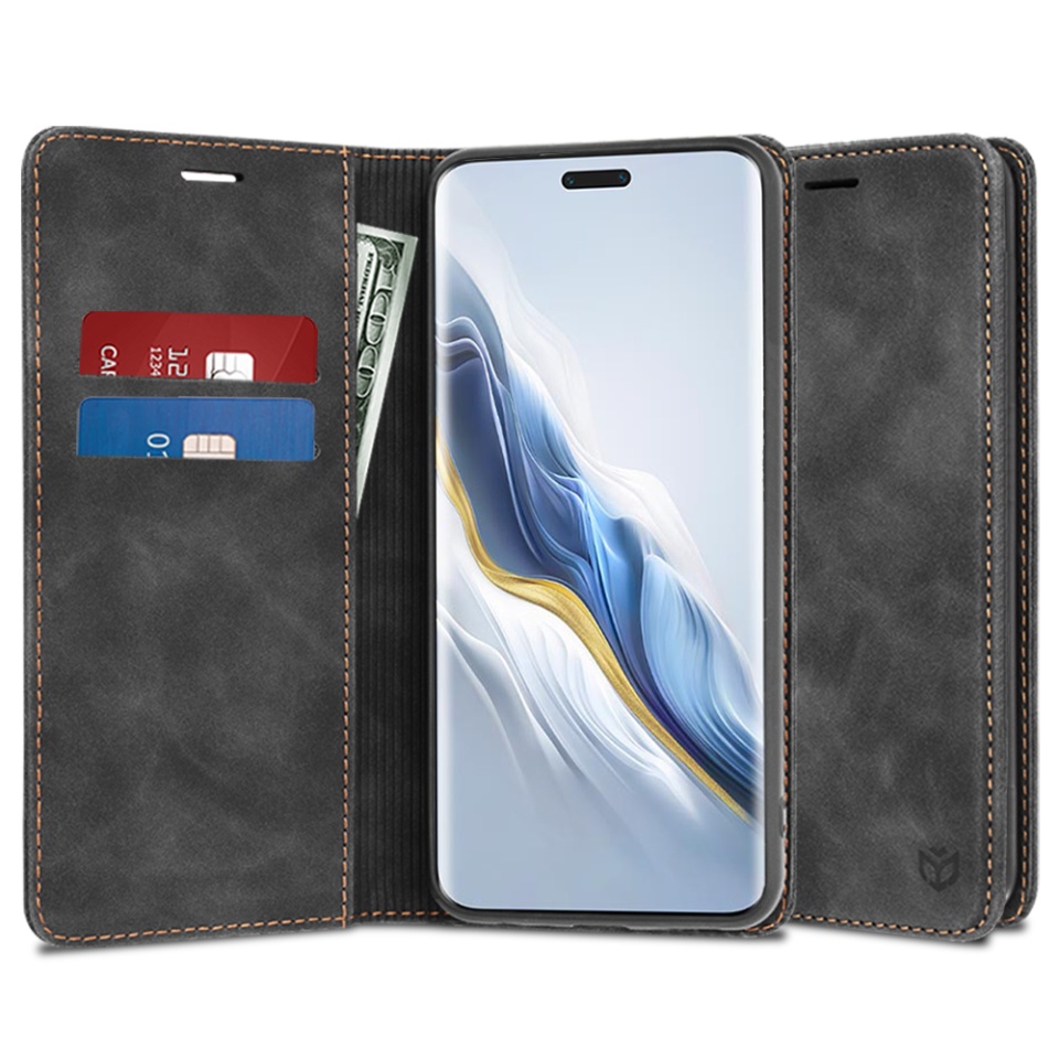 Husa pentru Honor Magic6 Pro, SKYDDAR INNOVATION, Soft Wallet, tip Carte din piele Eco Premium, cu Portofel Interior, Negru, set cu sticker