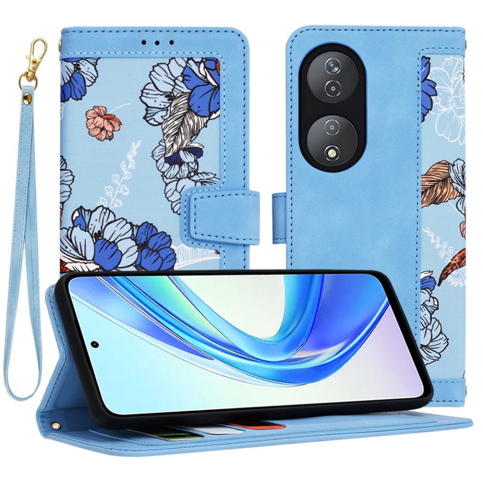 Husa pentru Honor X7b / 90 Smart / X7b 5G din Piele Ecologică cu Design Floral, Protecție 360°, Stand Integrat, Buzunare pentru Carduri, SKDR Floral Wallet - Bleu