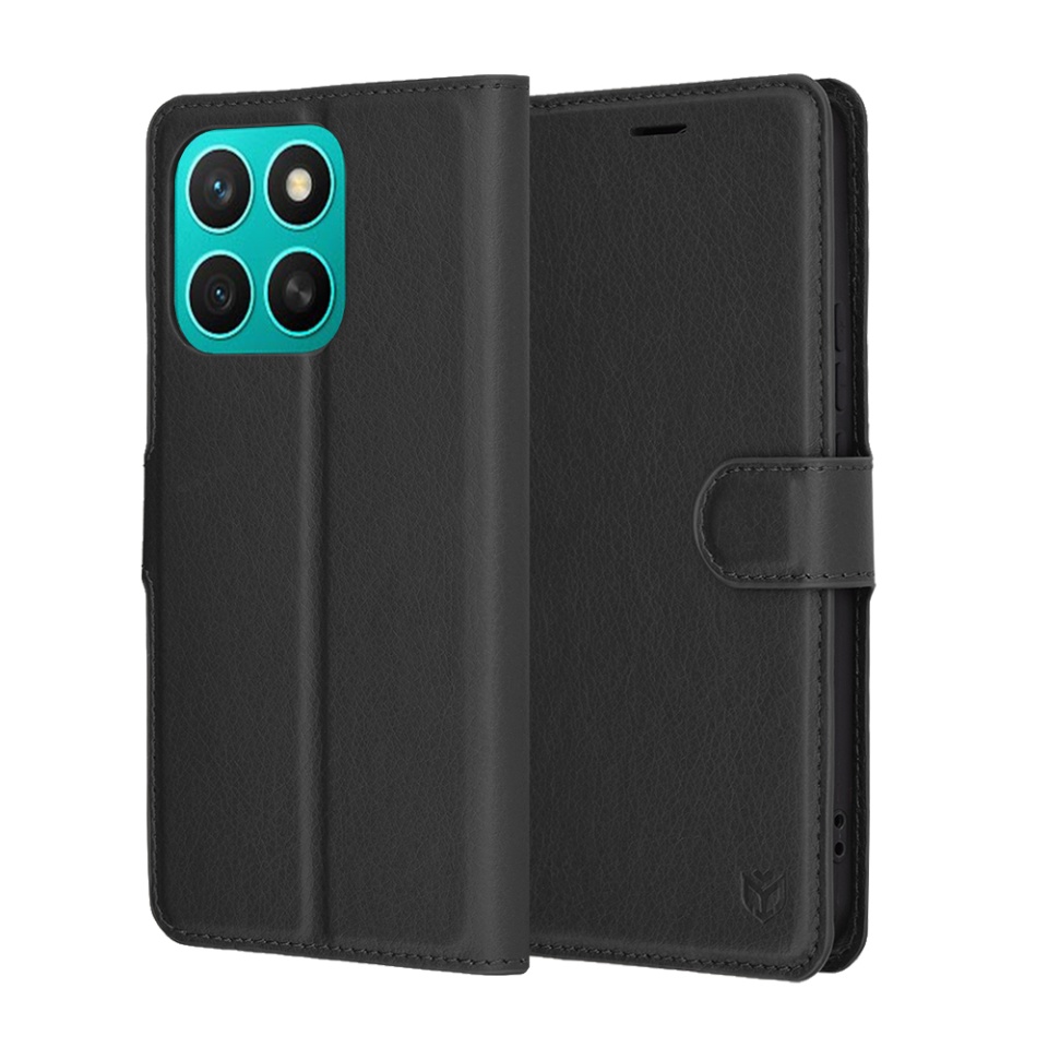 Husa pentru Honor X8c, SKYDDAR INNOVATION, Leather Wallet, tip Carte cu Portofel Interior, Finisaje Premium, set cu sticker, Negru