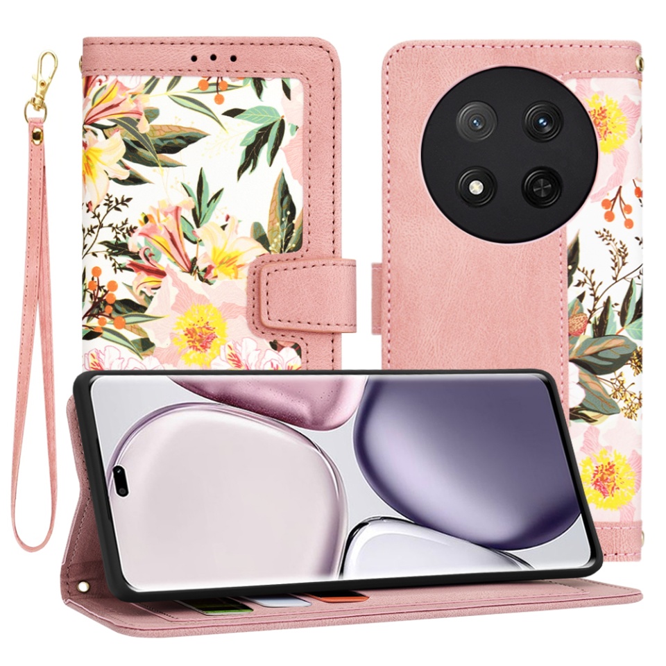 Husa pentru Honor X9c / Magic7 Lite din Piele Ecologică cu Design Floral, Protecție 360°, Stand Integrat, Buzunare pentru Carduri, SKDR Floral Wallet - Roz