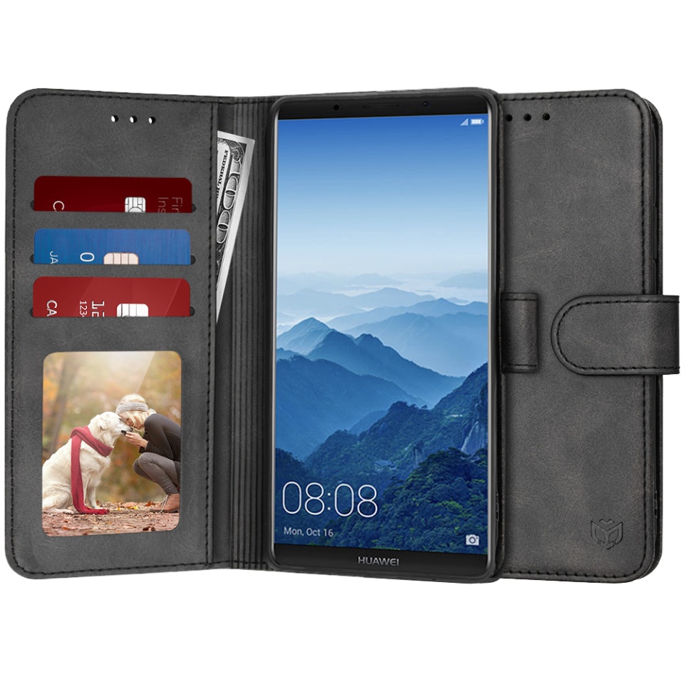 Husa pentru Huawei Mate 10 Pro, SKYDDAR INNOVATION, Diary Book, tip carte, cu Portofel Interior, Antisoc, Negru, set cu sticker