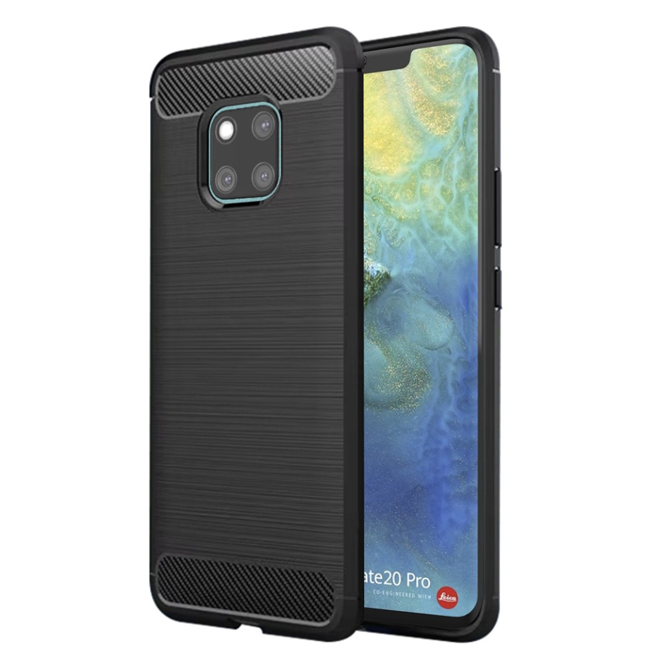 Husa pentru Huawei Mate 20 Pro, SKYDDAR INNOVATION, Carbon Silicone, din Silicon Slim, cu textura Fibra Carbon, set cu sticker, Negru