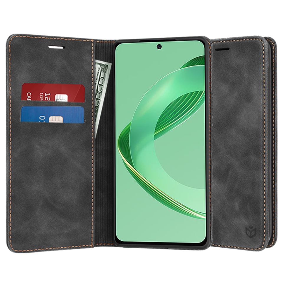 Husa pentru Huawei nova 11 SE / nova 12 SE, SKYDDAR INNOVATION, Soft Wallet, tip Carte din piele Eco Premium, cu Portofel Interior, Negru, set cu sticker