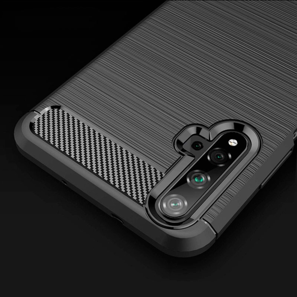 Husa pentru Huawei Nova 5T / Honor 20, SKYDDAR INNOVATION, Carbon Silicone, din Silicon Slim, cu textura Fibra Carbon, set cu sticker, Negru - 1 | YEO