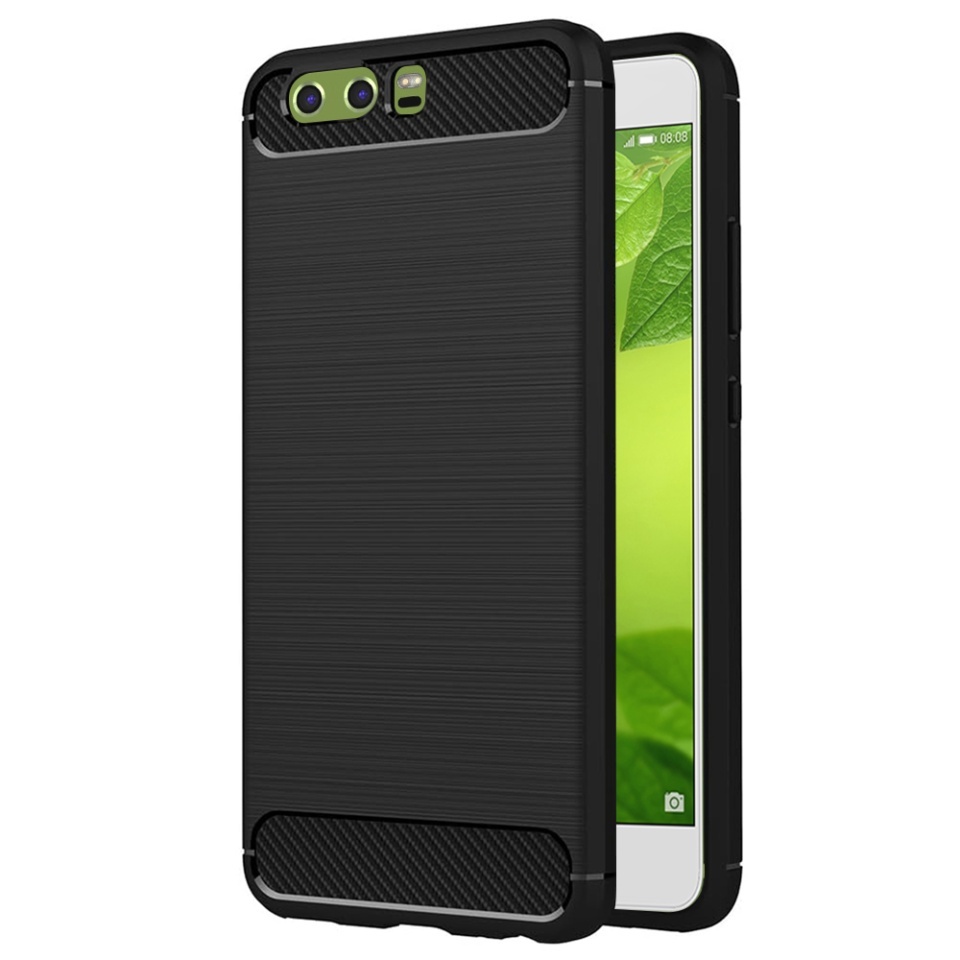 Husa pentru Huawei P10, SKYDDAR INNOVATION, Carbon Silicone, din Silicon Slim, cu textura Fibra Carbon, set cu sticker, Negru