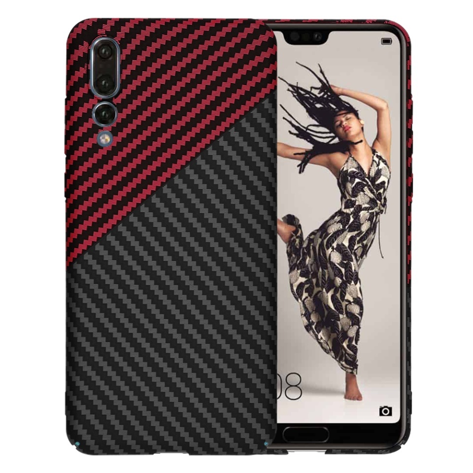 Husa pentru Huawei P20 Pro, SKYDDAR INNOVATION, textura carbon, Carbonite FiberShell, set cu sticker, Rosu inchis,