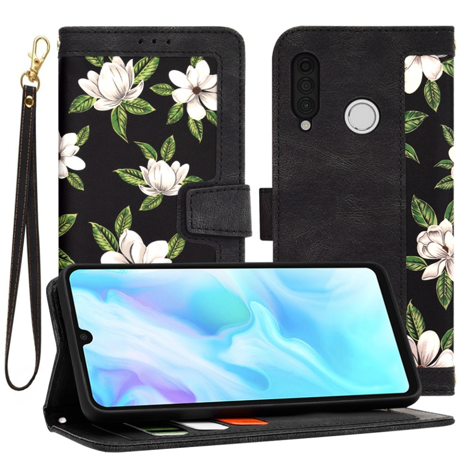 Husa pentru Huawei P30 Lite / P30 Lite New Edition din Piele Ecologică cu Design Floral, Protecție 360°, Stand Integrat, Buzunare pentru Carduri, SKDR Floral Wallet - Negru