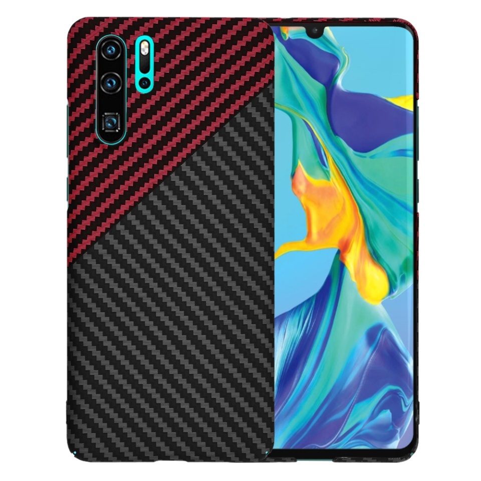 Husa pentru Huawei P30 Pro / P30 Pro New Edition, SKYDDAR INNOVATION, textura carbon, Carbonite FiberShell, set cu sticker, Rosu inchis,