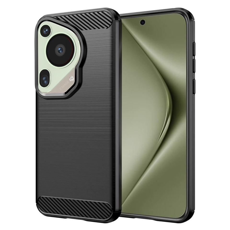 Husa pentru Huawei Pura 70 Ultra, SKYDDAR INNOVATION, Carbon Silicone, din Silicon Slim, cu textura Fibra Carbon, set cu sticker, Negru