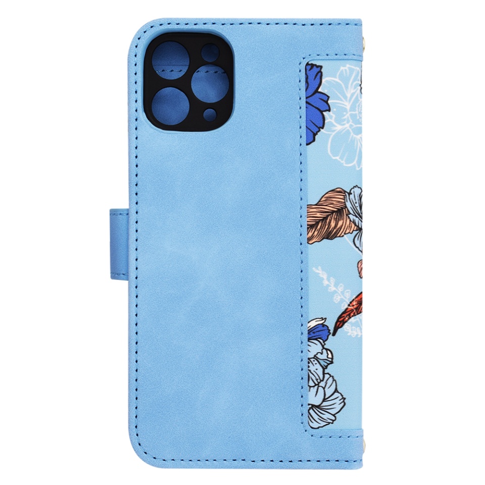 Husa pentru iPhone 11 Pro din Piele Ecologică cu Design Floral, Protecție 360°, Stand Integrat, Buzunare pentru Carduri, SKDR Floral Wallet - Bleu - 2 | YEO