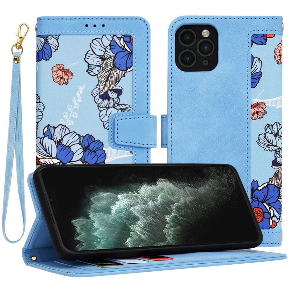 Husa pentru iPhone 11 Pro Max din Piele Ecologică cu Design Floral, Protecție 360°, Stand Integrat, Buzunare pentru Carduri, SKDR Floral Wallet - Bleu