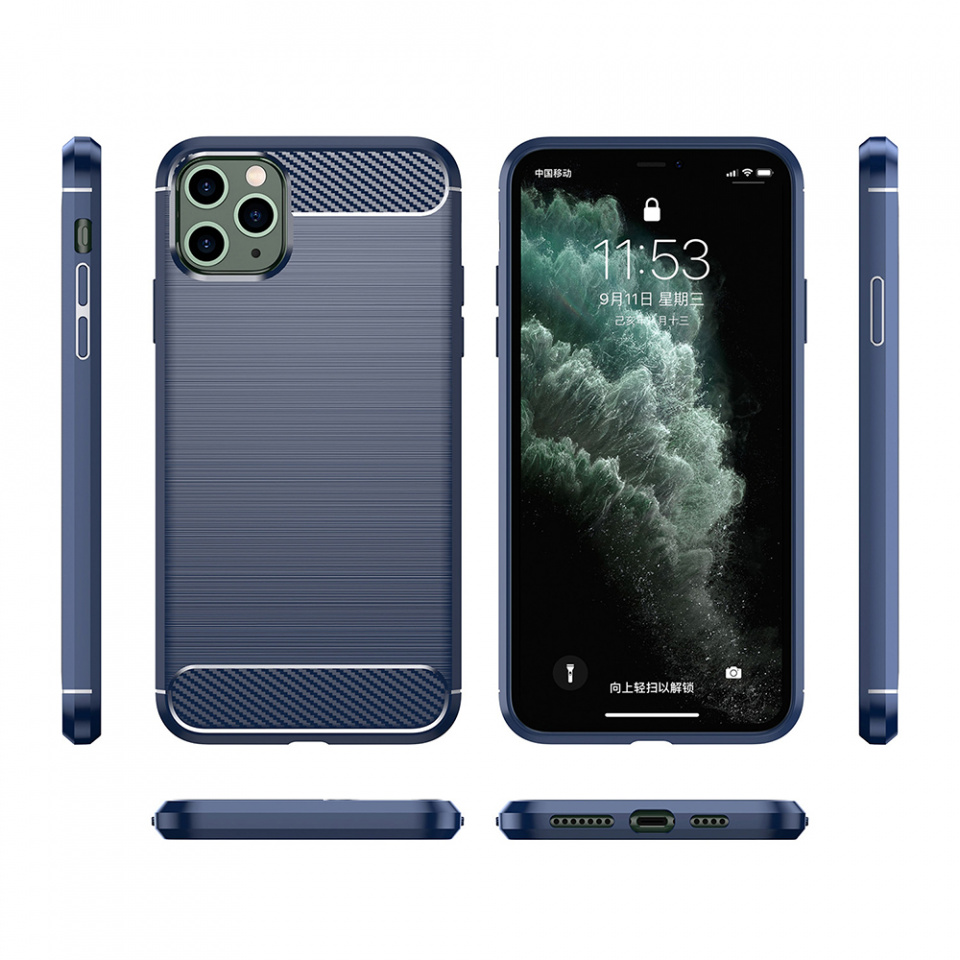 Husa pentru iPhone 11 Pro Max din silicon, Slim, cu textură Fibra Carbon - Albastru carbon - 1 | YEO