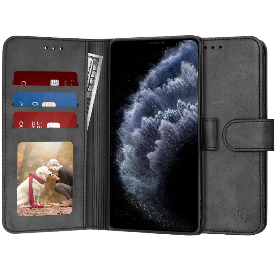Husa pentru iPhone 11 Pro Max, SKYDDAR INNOVATION, Diary Book, tip carte, cu Portofel Interior, Antisoc, Negru, set cu sticker