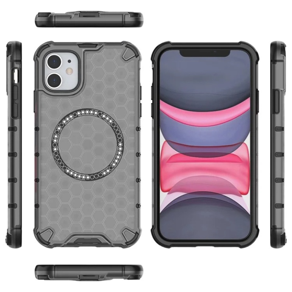 Husa pentru iPhone 11, SKYDDAR INNOVATION, HoneyComb Shield MagSafe, Negru, set cu sticker - 3 | YEO