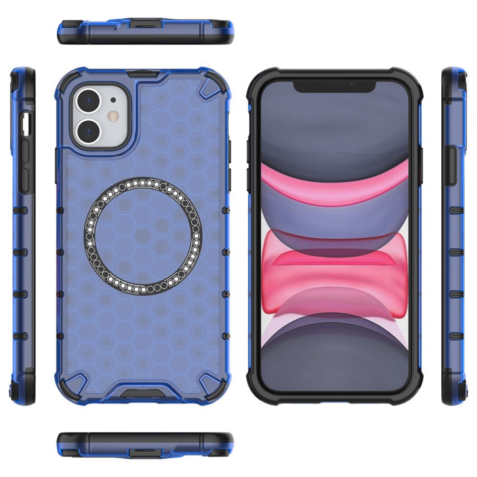 Husa pentru iPhone 11, SKYDDAR INNOVATION, HoneyComb Shield MagSafe, Antisoc, set cu sticker, Albastru - 3 | YEO