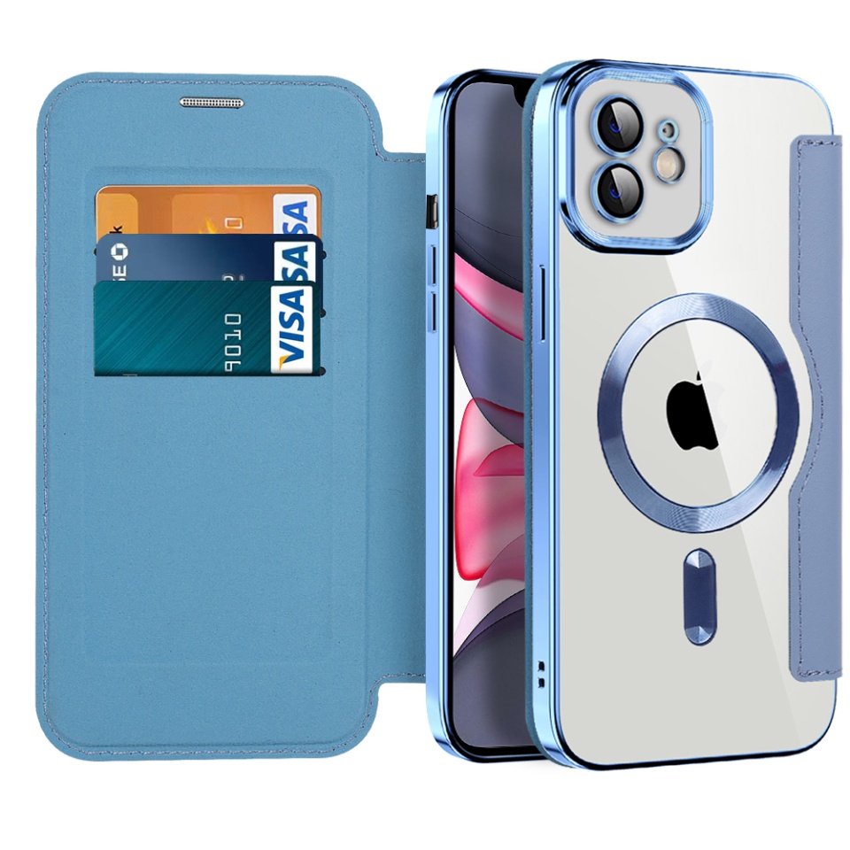 Husa pentru iPhone 11 tip carte, SKYDDAR INOVATION, SmartMag Book, Magsafe, RFiD, Suport Carduri, set cu sticker, Bleu
