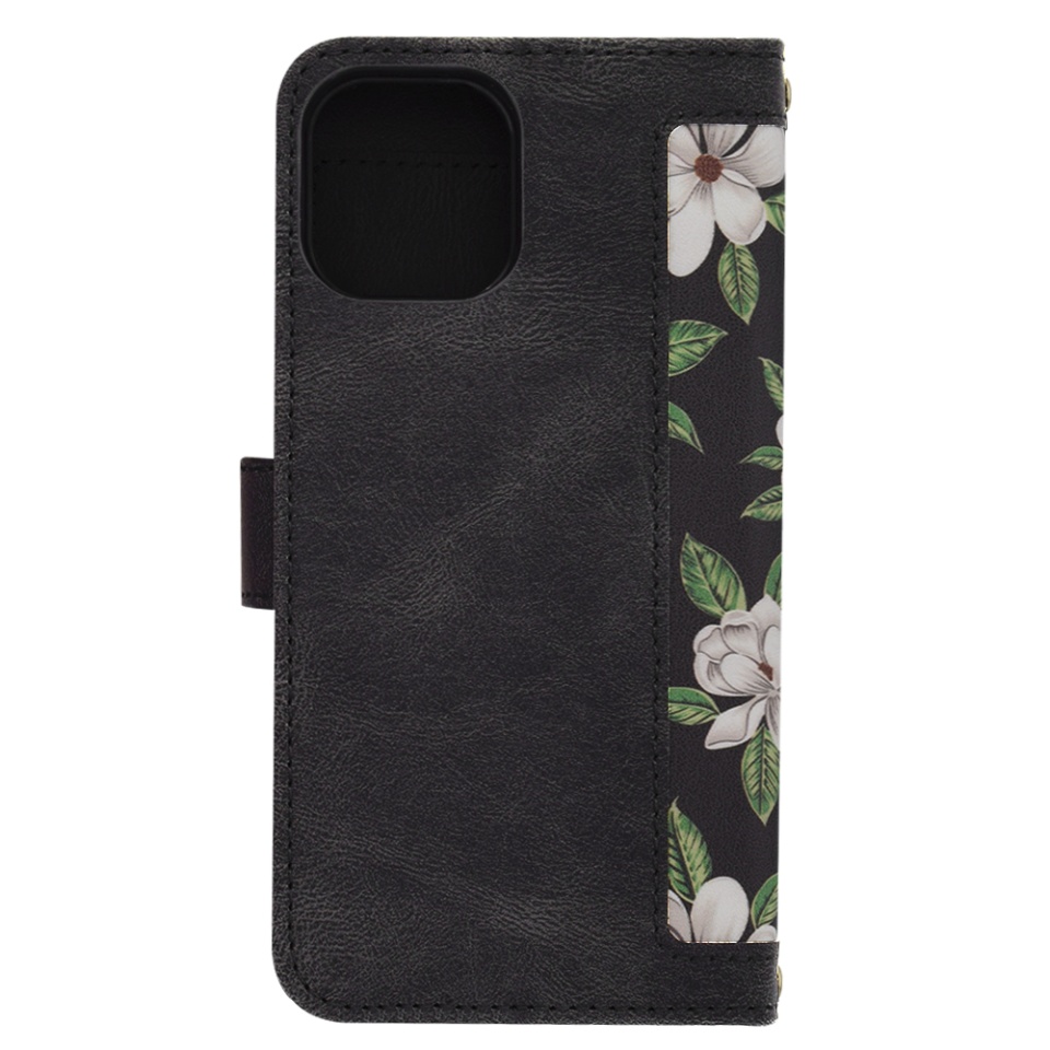 Husa pentru iPhone 12 / 12 Pro din Piele Ecologică cu Design Floral, Protecție 360°, Stand Integrat, Buzunare pentru Carduri, SKDR Floral Wallet - Negru - 2 | YEO