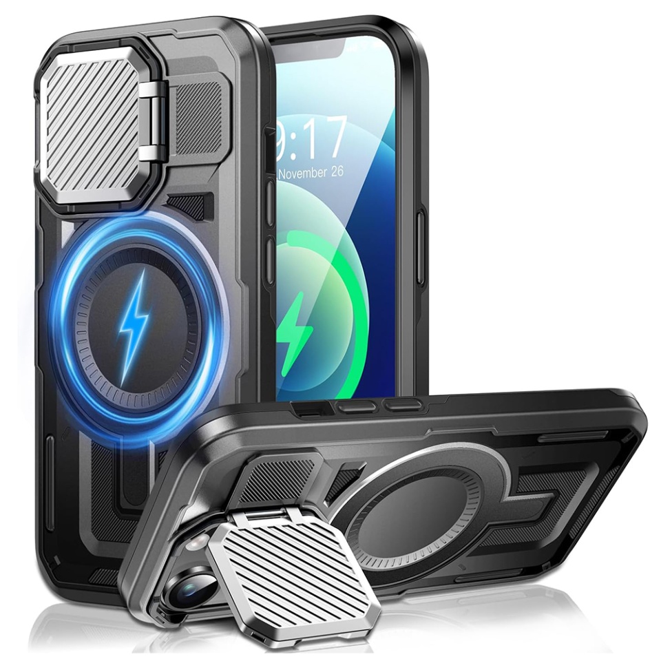 Husa pentru iPhone 12 / 12 Pro, SKYDDAR INNOVATION, CamVault MagSafe cu Protectie Camera, set cu sticker, Negru