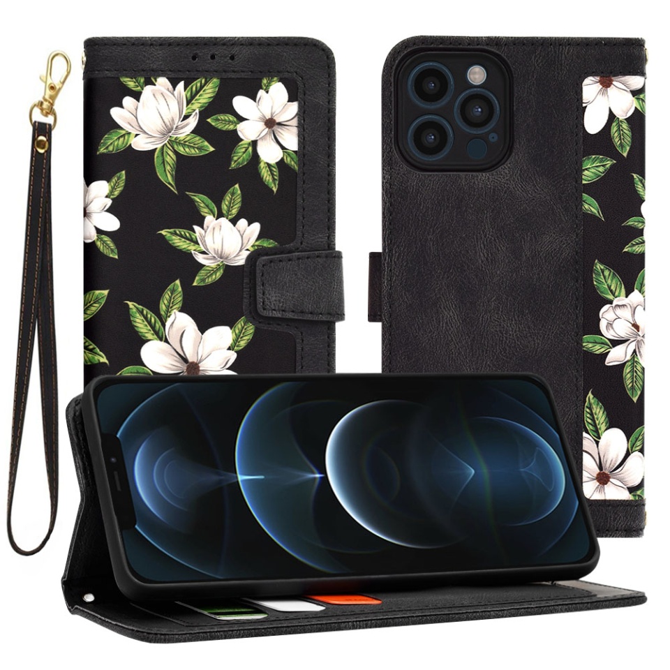Husa pentru iPhone 12 Pro Max din Piele Ecologică cu Design Floral, Protecție 360°, Stand Integrat, Buzunare pentru Carduri, SKDR Floral Wallet - Negru