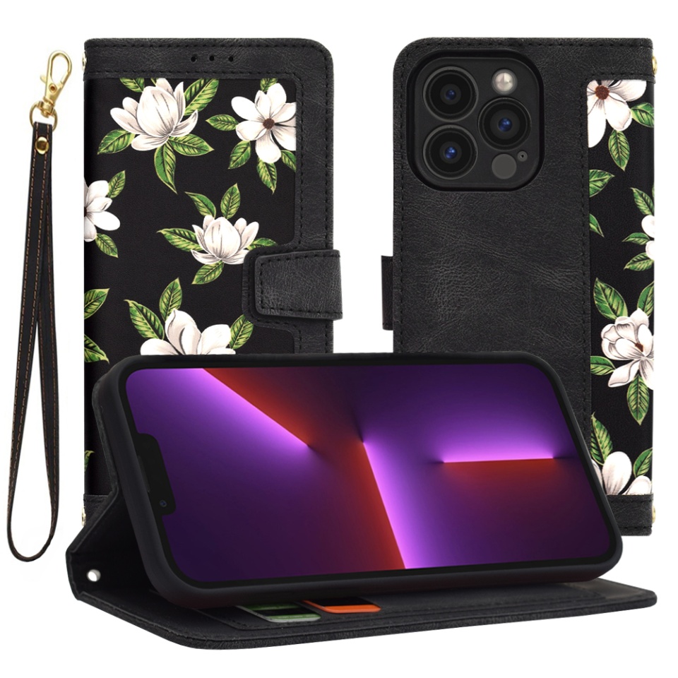 Husa pentru iPhone 13 Pro din Piele Ecologică cu Design Floral, Protecție 360°, Stand Integrat, Buzunare pentru Carduri, SKDR Floral Wallet - Negru