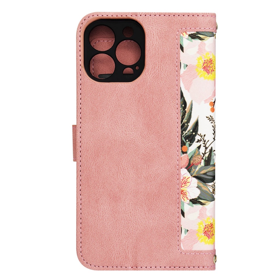 Husa pentru iPhone 13 Pro Max din Piele Ecologică cu Design Floral, Protecție 360°, Stand Integrat, Buzunare pentru Carduri, SKDR Floral Wallet - Roz - 2 | YEO