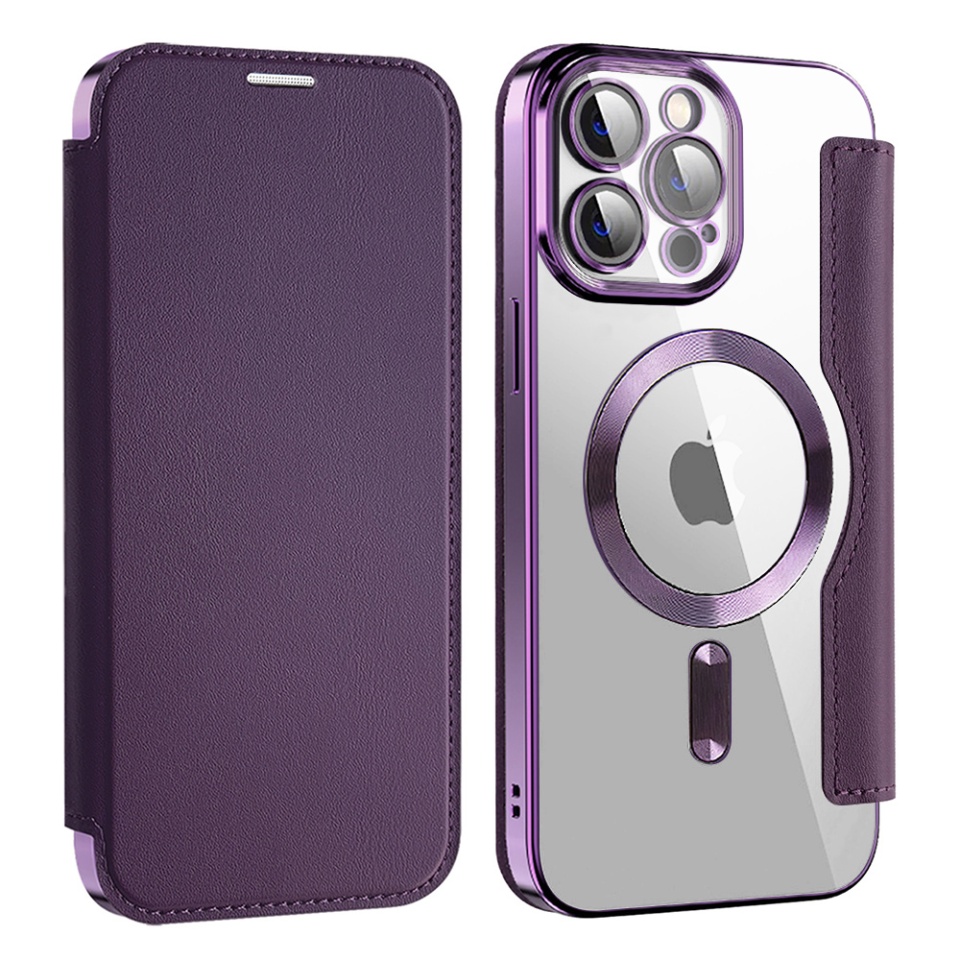 Husa pentru iPhone 13 Pro Max tip carte, SKYDDAR INOVATION, SmartMag Book, Magsafe, RFiD, Suport Carduri, set cu sticker, Mov - 1 | YEO