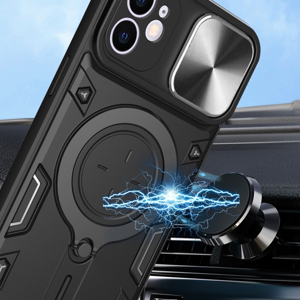 Husa pentru iPhone 13, SKYDDAR INNOVATION, CamGuard Pro, Inel Magnetic, Protectie Camera, Negru, set cu sticker - 3 | YEO