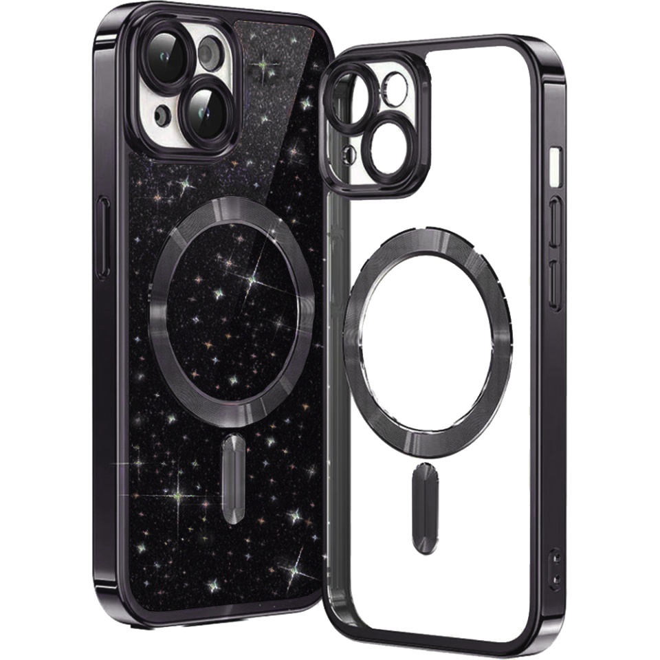 Husa pentru iPhone 13, SKYDDAR INNOVATION, Luxury Glitter Magsafe, Antisoc, Fundal Detasabil 2-in-1, Protectie Superioara, Margini Ridicate, Negru, set cu sticker